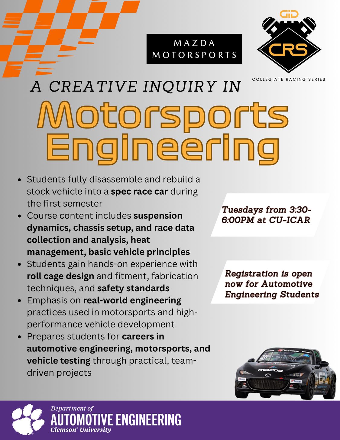 Motorsports Engineering at Clemson University - SOLD OUT IN 24hrs!