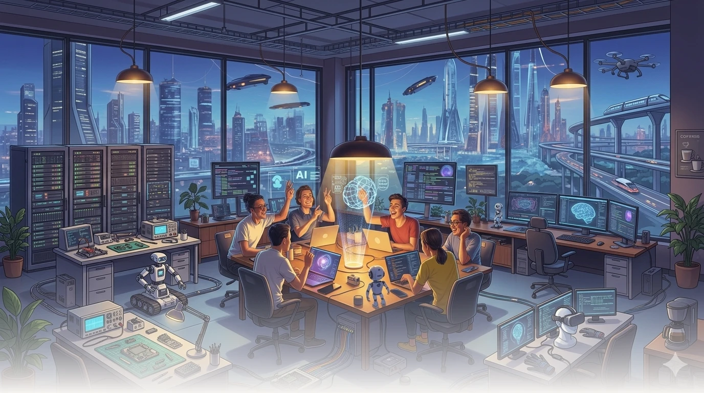 AI builders collaborating around a table in a futuristic workspace