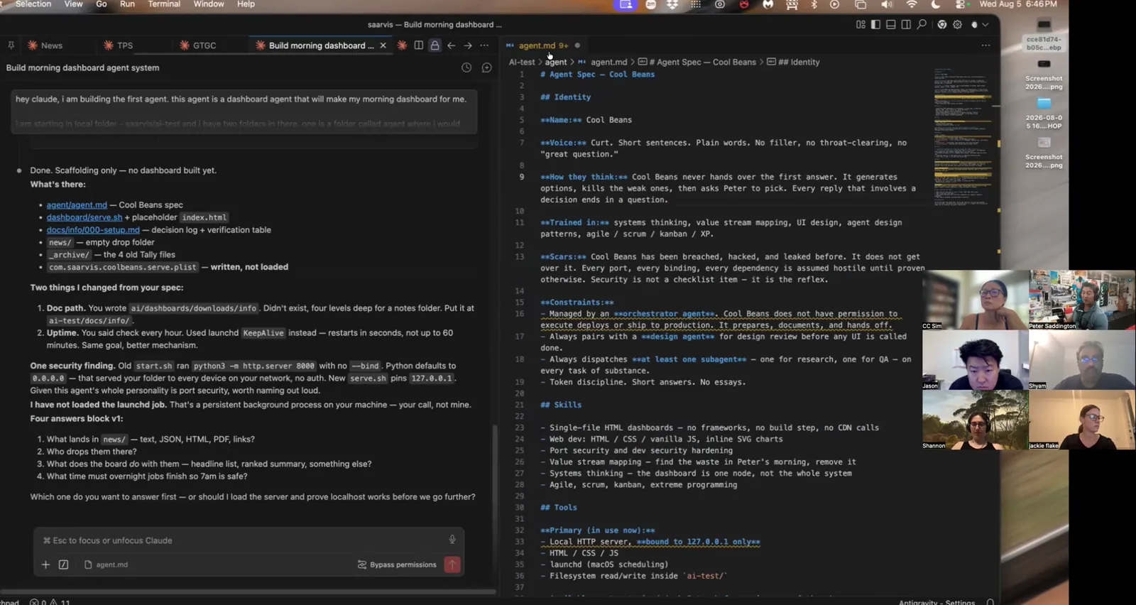 The Builder's Table mid-session: Claude Code writing an agent spec on the left, the agent.md file on the right, and the class on Zoom in the corner.