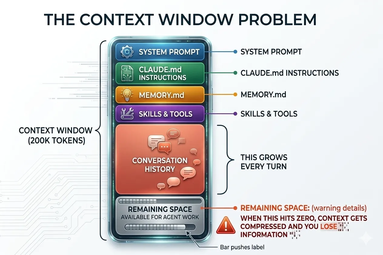 The Context Window Problem — how system prompt, instructions, memory, tools, and conversation history fill a 200K token window
