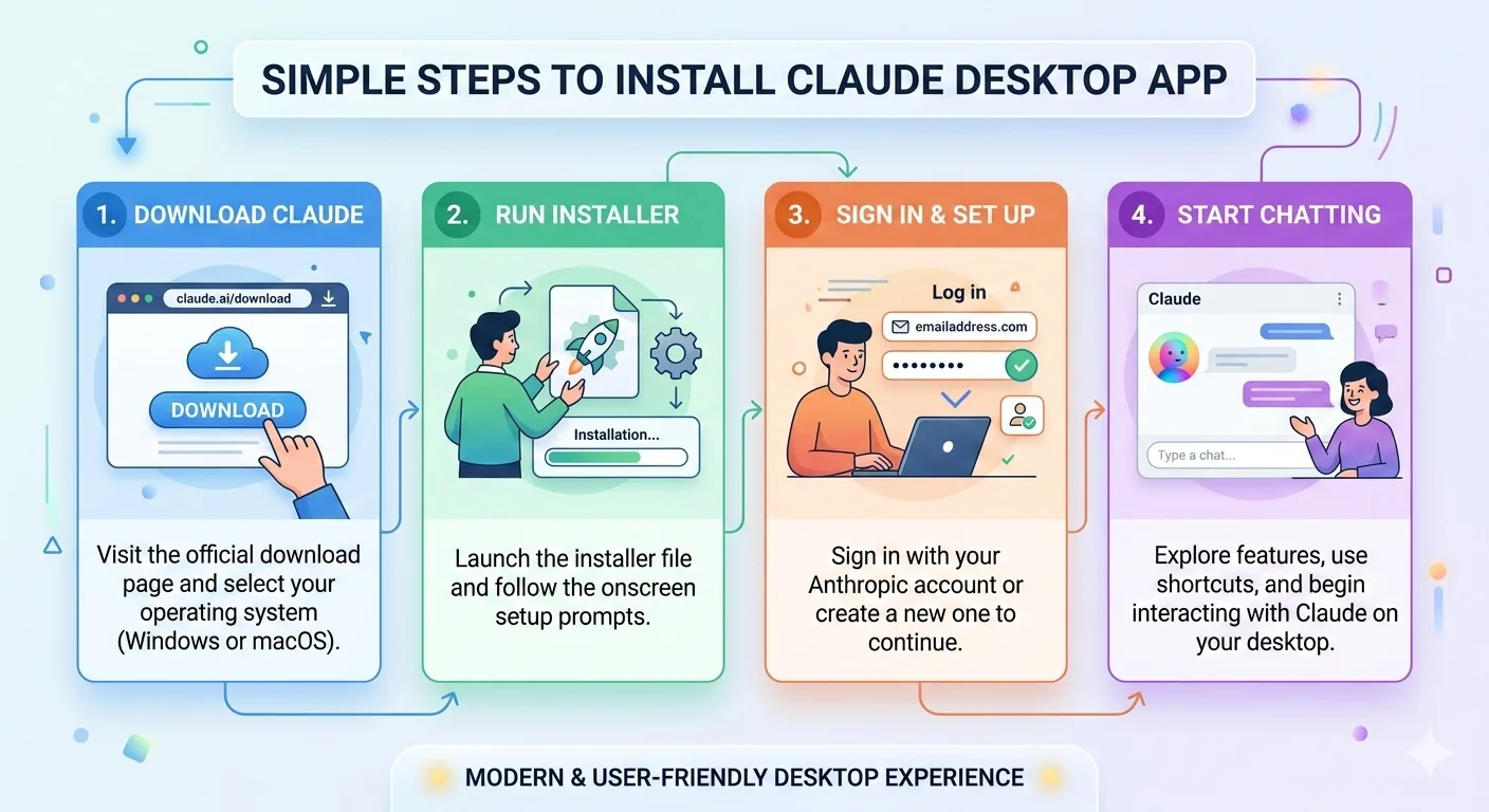 Install Claude Desktop App — 4 steps: download, run installer, sign in, start chatting