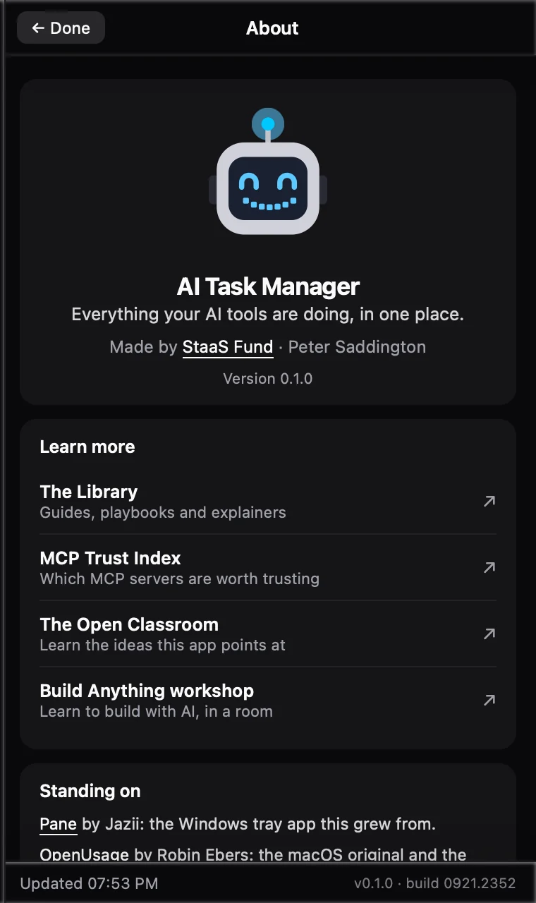 About page with the robot mascot and links to the staas.fund Library, MCP Trust Index and Open Classroom