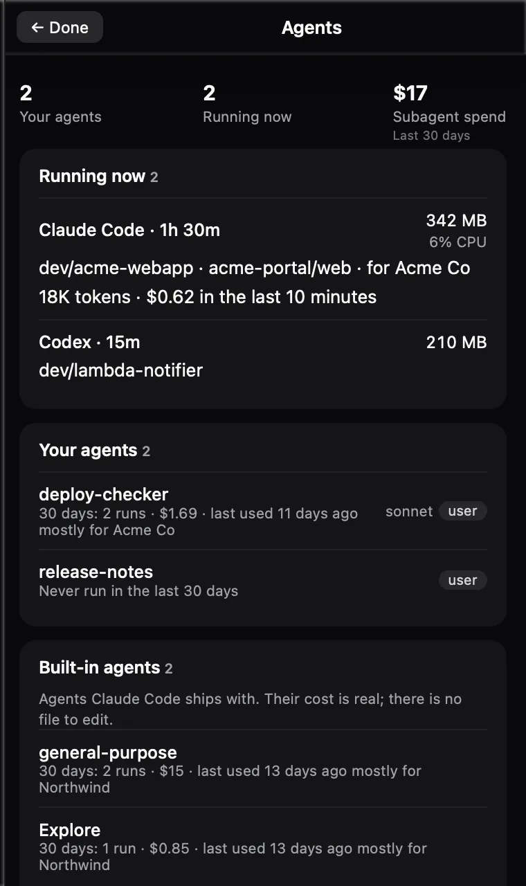 Agents view: three figures at the top, two agents running now with folder, client and pace, then your own agents and the built-in ones with runs and cost over 30 days