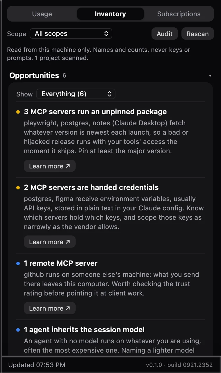 Inventory view listing computed opportunities such as three MCP servers running an unpinned package