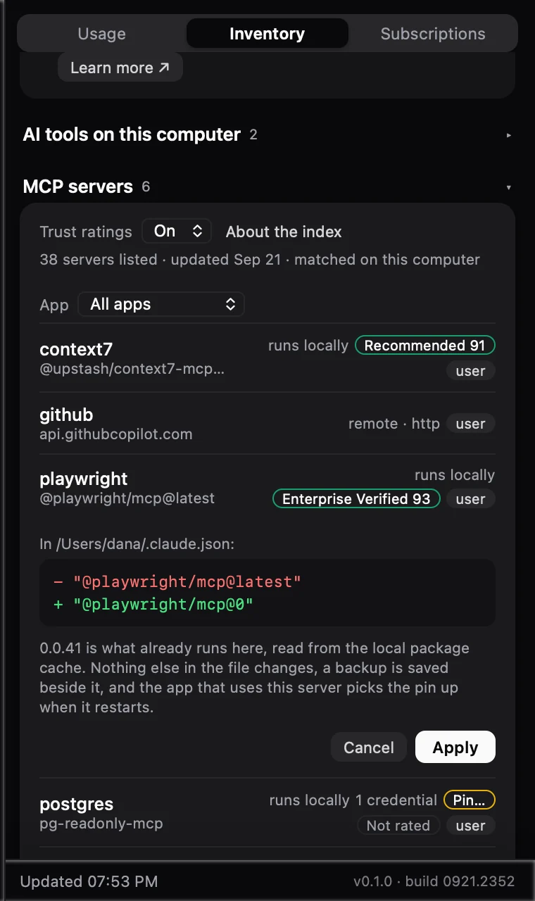 A before and after preview of pinning the playwright MCP package, with Cancel and Apply buttons
