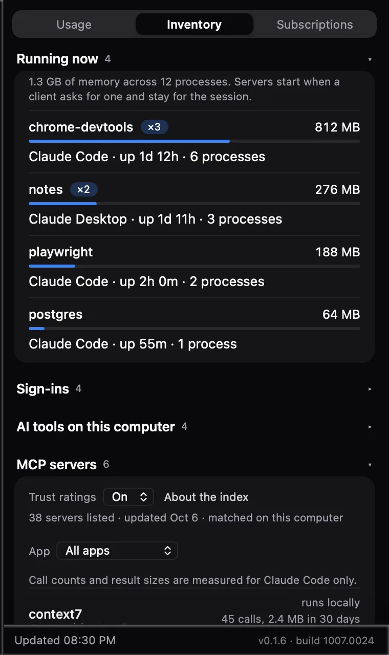 Running now: a list of live MCP servers with memory bars, chrome-devtools marked as running three times