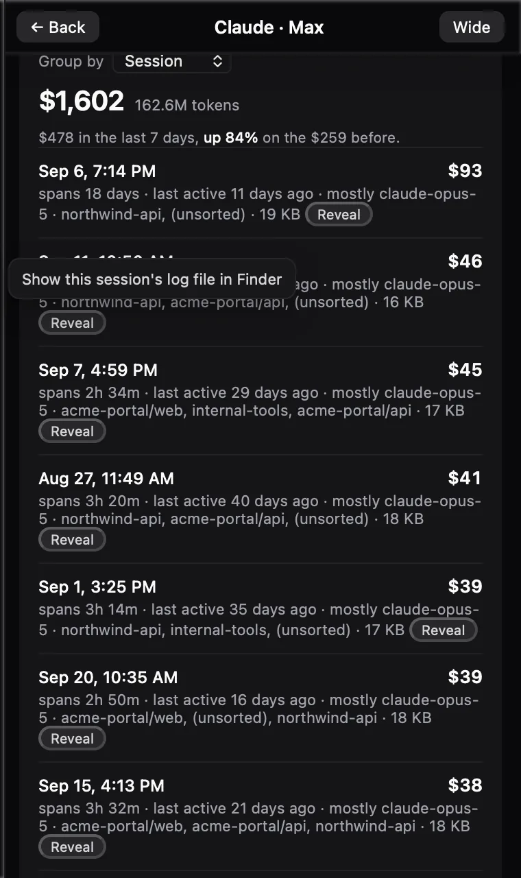 Spend grouped by session: each Claude Code session of the last 30 days with its cost, how long it spanned, when it was last active, the areas it worked in, and a Reveal button