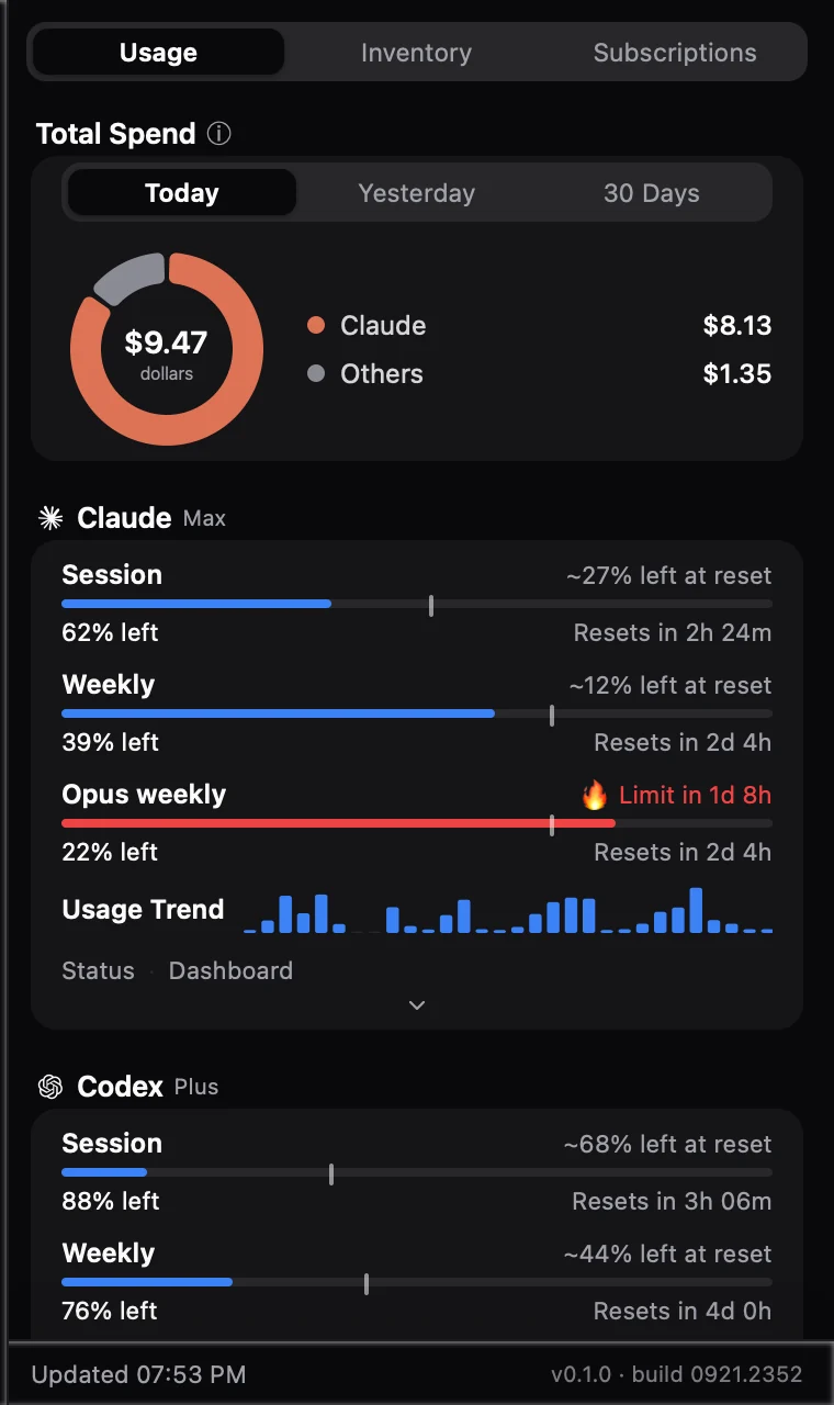 Usage view: a spend donut for today, then Claude session, weekly and Opus weekly limits with a fire icon on the one about to run out